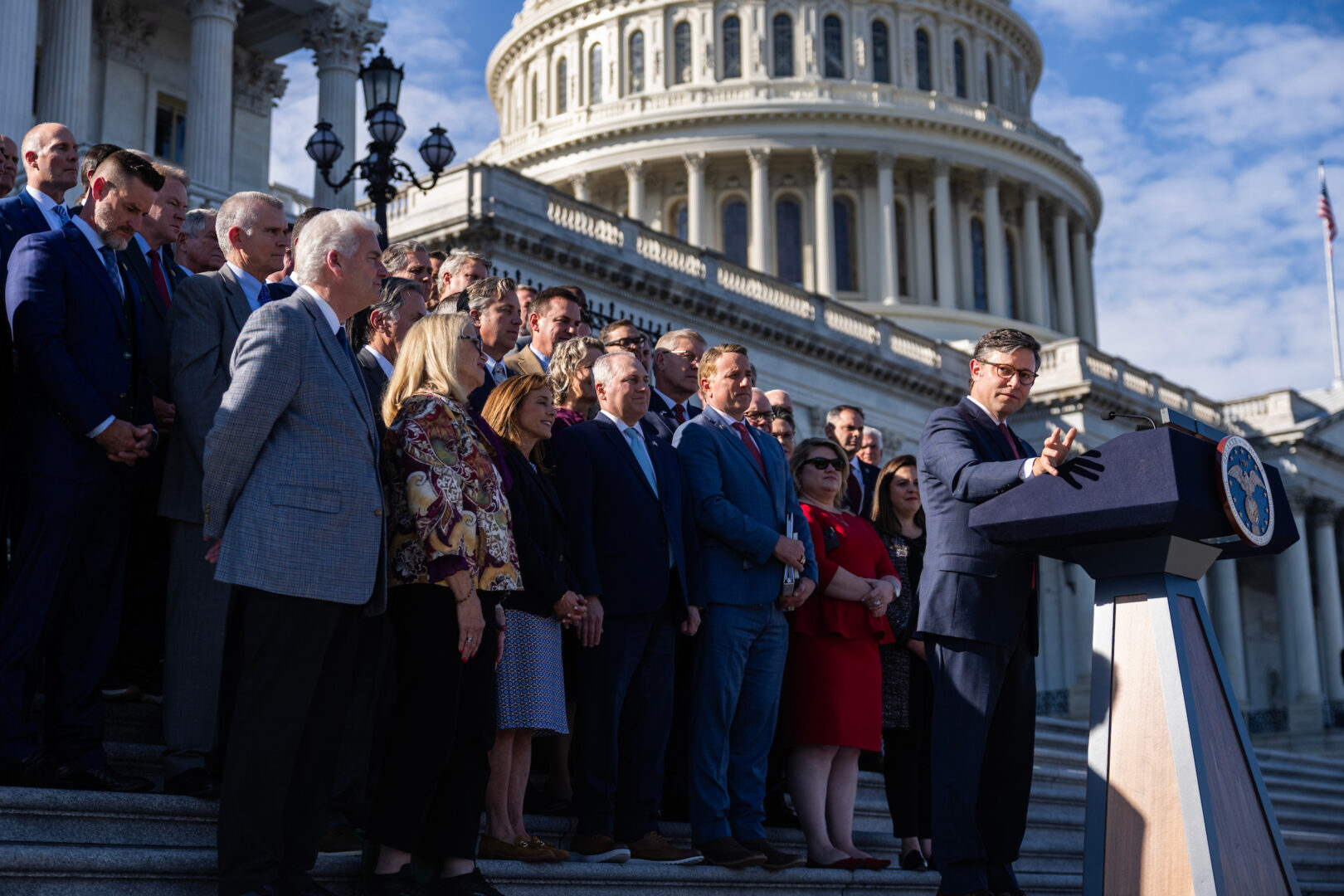 Speaker Mike Johnson, R-La., conducts a news conference on the House steps after winning the speakership on Wednesday. 