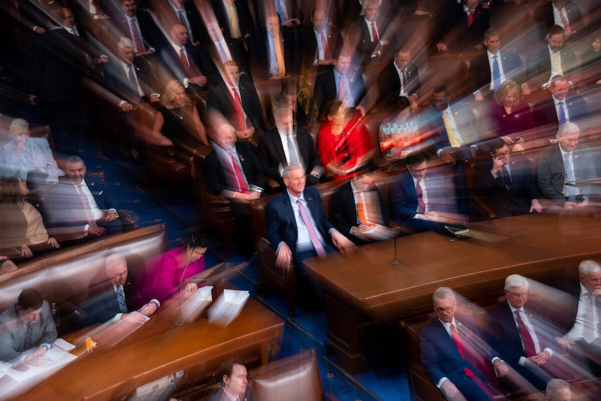 Republican leader Kevin McCarthy, R-Calif., waits in his seat for the 14th failed vote to elect a speaker of the House on Jan. 6. McCarthy was eventually elected speaker but in October became the first one to be voted out of his position by his colleagues. 