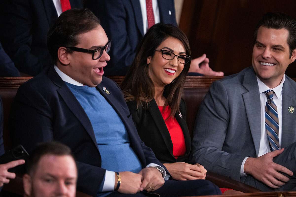 From left, Reps. George Santos, R-N.Y., Lauren Boebert, R-Colo., and Matt Gaetz, R-Fla., are seen on the House floor before Jim Jordan, R-Ohio, fell short of the votes needed to become House speaker on Tuesday, October 17, 2023. 