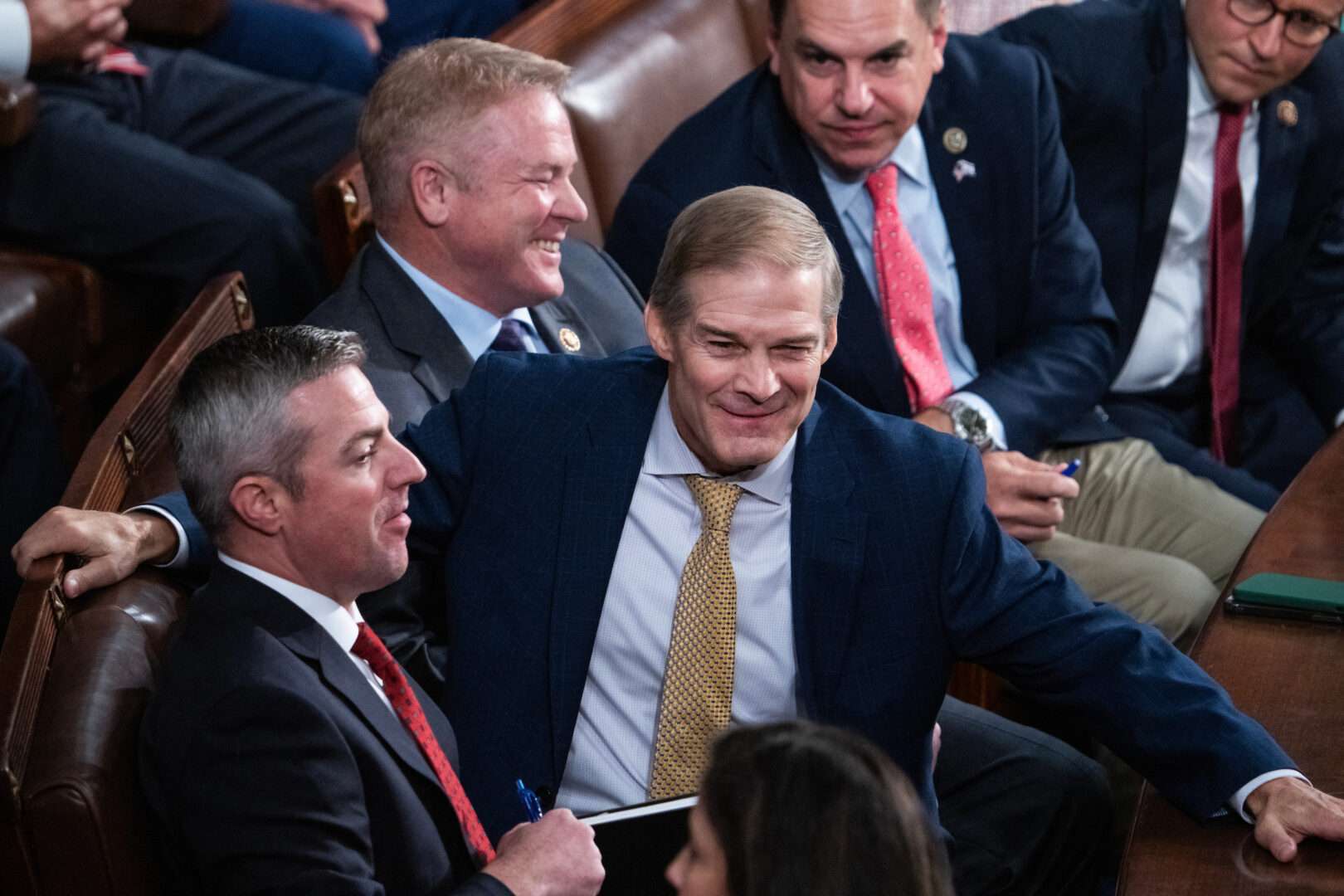 Rep. Jim Jordan, R-Ohio, Republican nominee for speaker of the House, is seen on the House floor after he did not receive enough votes to become speaker in Tuesday's first round of voting. 