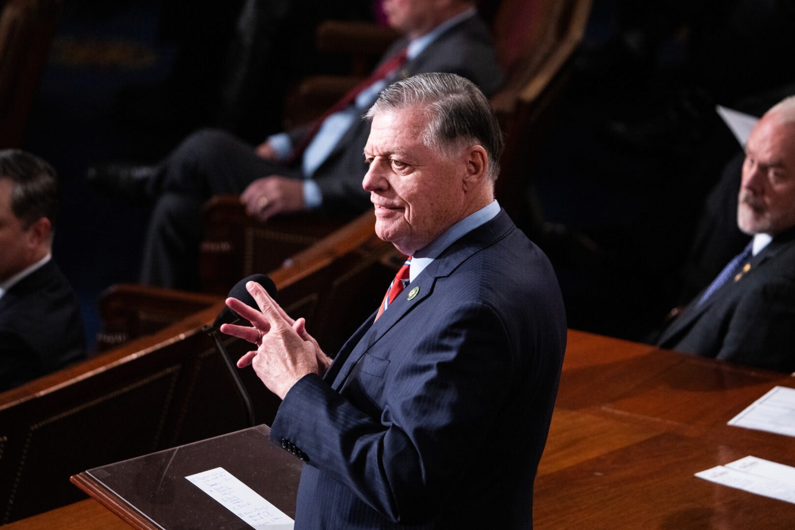 Rep. Tom Cole, R-Okla., nominates Rep. Jim Jordan, R-Ohio, for speaker on Oct. 18, 2023. Jordan's unsuccessful bid led to Speaker Mike Johnson's election the following week.