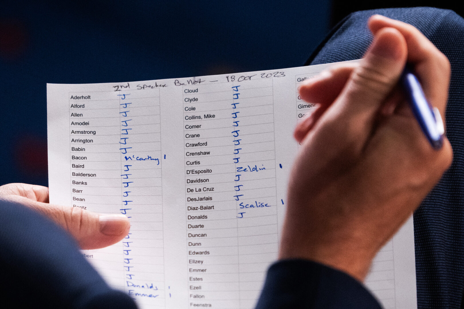 A member keeps a tally on the House floor during a failed attempt to elect a speaker on Oct. 18.