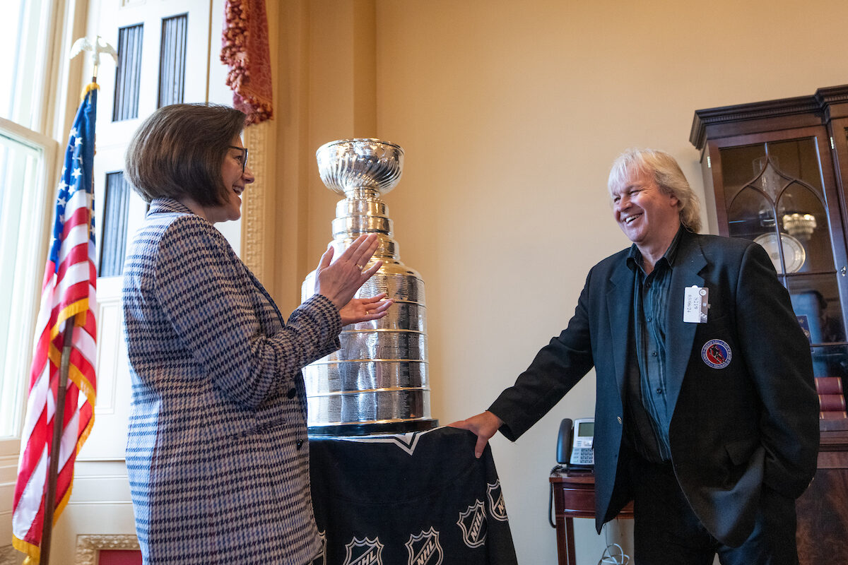 Nevada Democratic Sen. Catherine Cortez Masto speaks with “Keeper of the Cup” Phil Pritchard during the Stanley Cup’s visit to the Capitol on Wednesday.