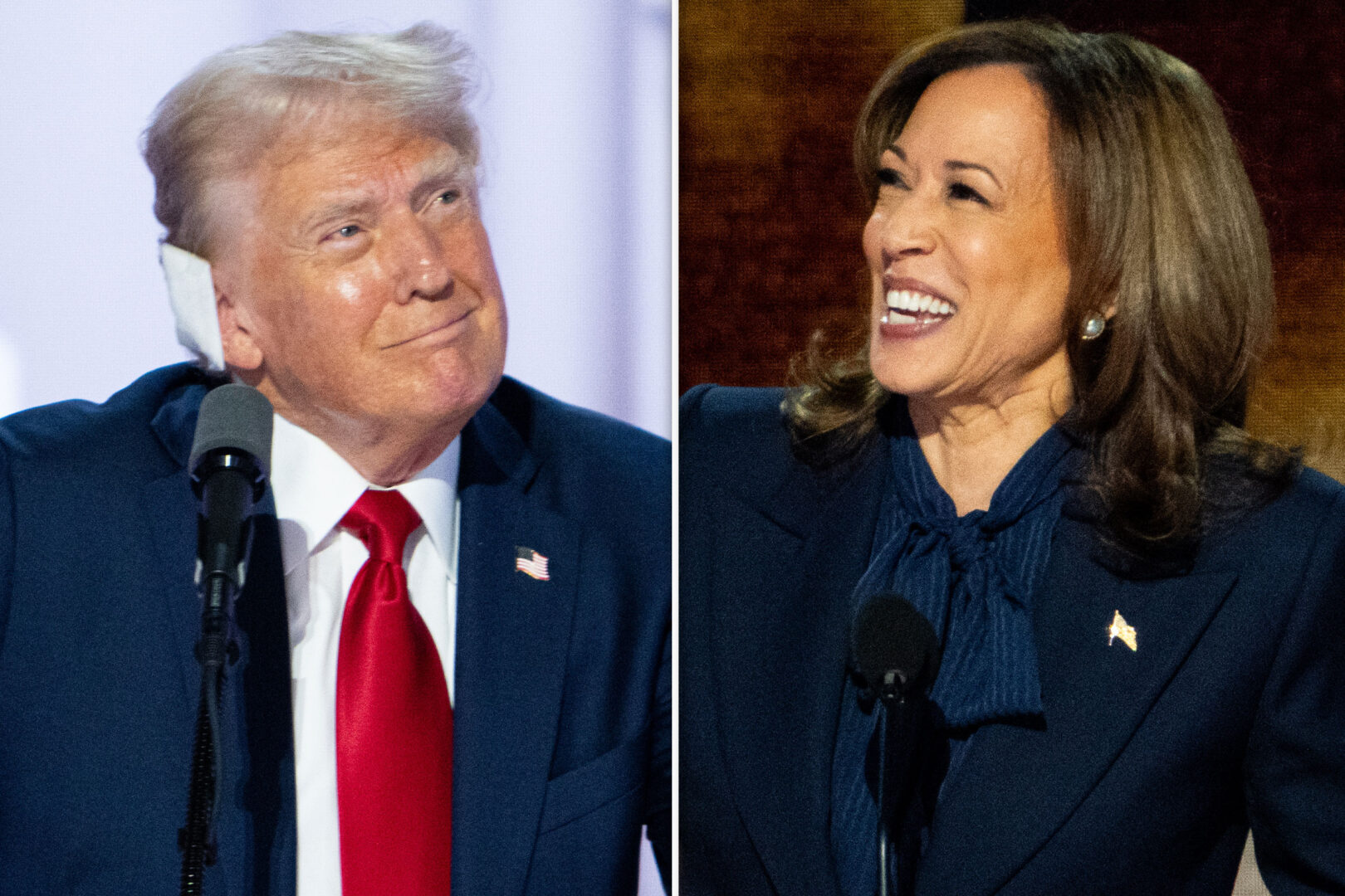 Donald Trump and Vice President Kamala Harris at their respective political party conventions earlier this summer. They are slated to debate on Tuesday night.