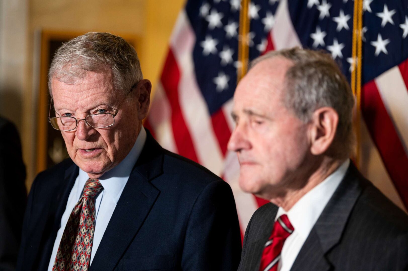 The ranking members of the Senate Armed Services and Foreign Relations committees, James M. Inhofe and Jim Risch, discuss tensions with Russia over Ukraine on Wednesday. 