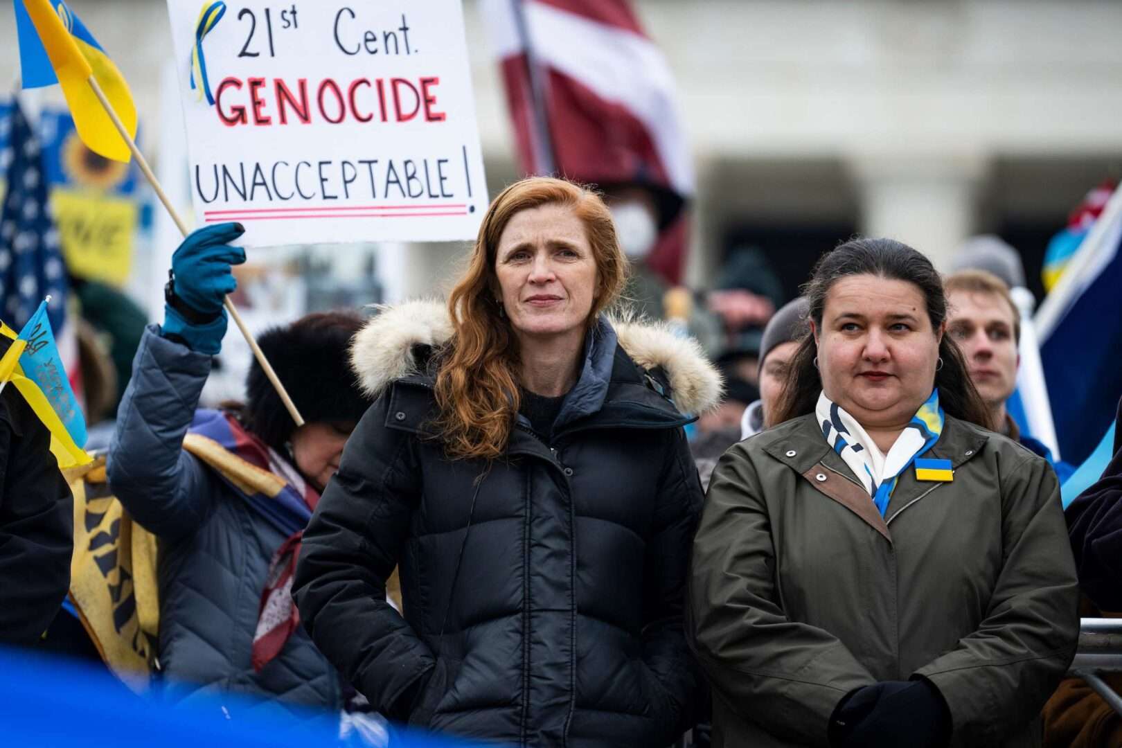 Samantha Power, left, U.S. Agency for International Development administrator, and Oksana Markarova, Ukrainian ambassador to the U.S., attend a rally at the Lincoln Memorial on Saturday to mark the one-year anniversary of the Russian invasion of Ukraine. 