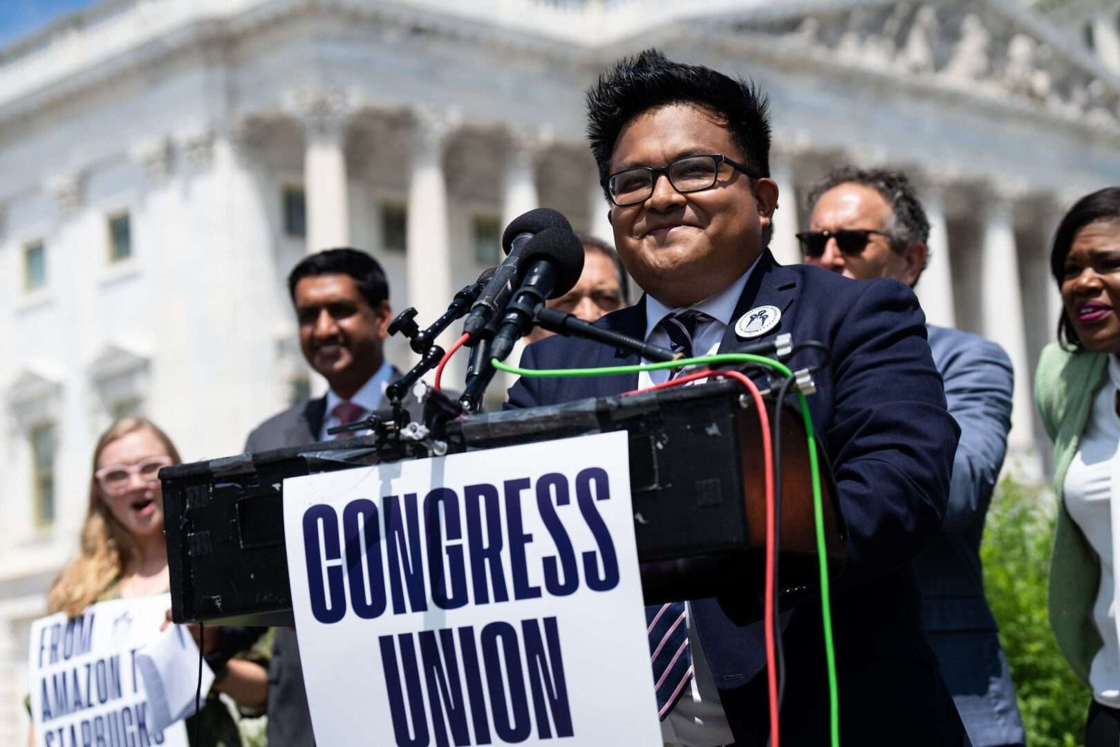 Philip Bennett speaks during a July 2022 news conference on union organizing at the U.S. Capitol.