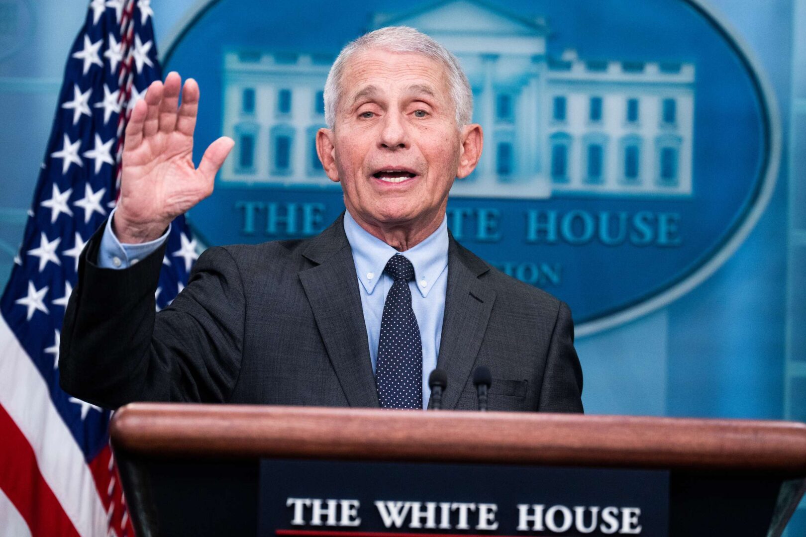 Dr. Anthony Fauci, director of the National Institute of Allergy and Infectious Diseases, speaks about the coronavirus during the White House press briefing on Tuesday. 