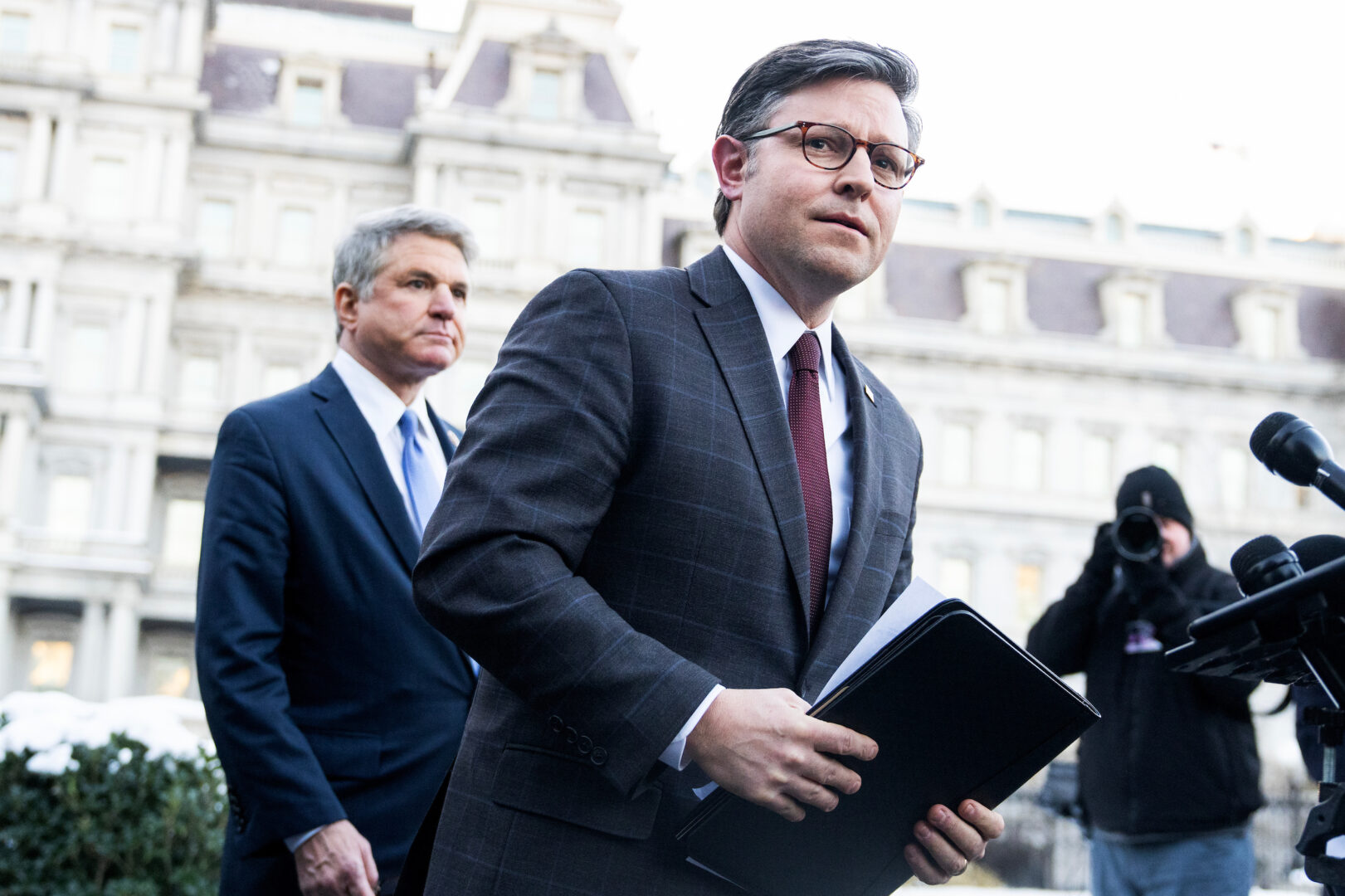 Speaker Mike Johnson, R-La., addresses the media after a meeting on Wednesday with President Joe Biden and other congressional leaders at the White House about Ukraine funding and border security.